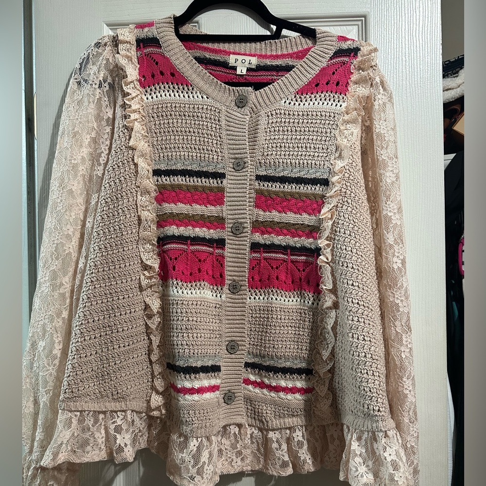 Pol button down crochet sweater with lace sleeves. Size large.